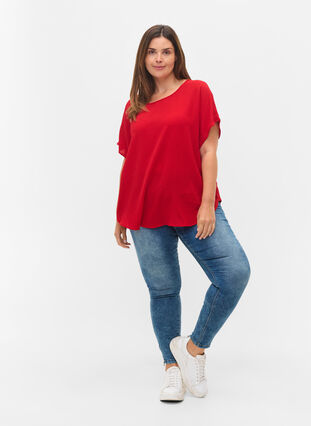 Blouse with short sleeves and a round neckline, Tango Red, Model image number 2