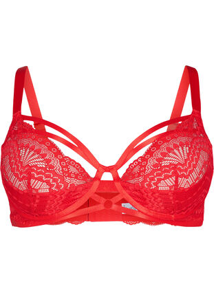 Lace bra with strings and underwire - Red - Sz. 85E-115H - Zizzifashion