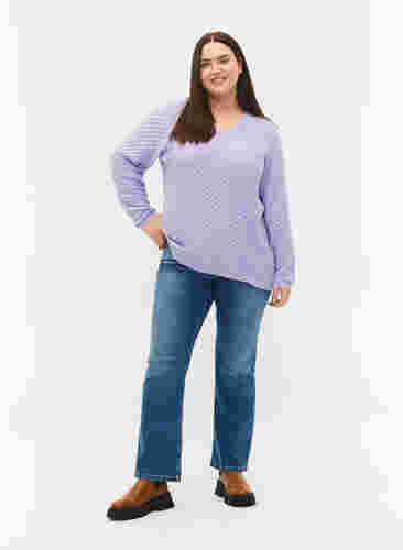 Patterned knitted top with v-neckline, Lavender, Model image number 3