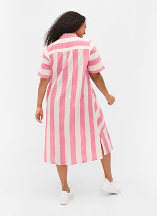 Short-sleeved cotton shirt dress with stripes, Magenta Stripe, Model image number 1