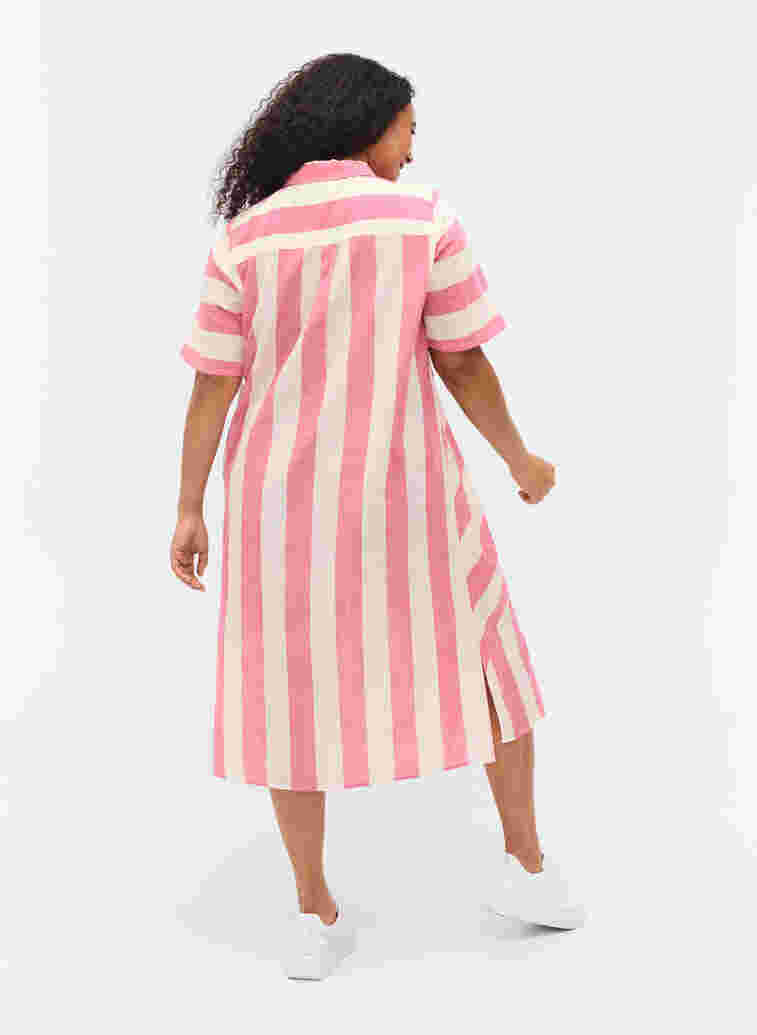 Short-sleeved cotton shirt dress with stripes, Magenta Stripe, Model