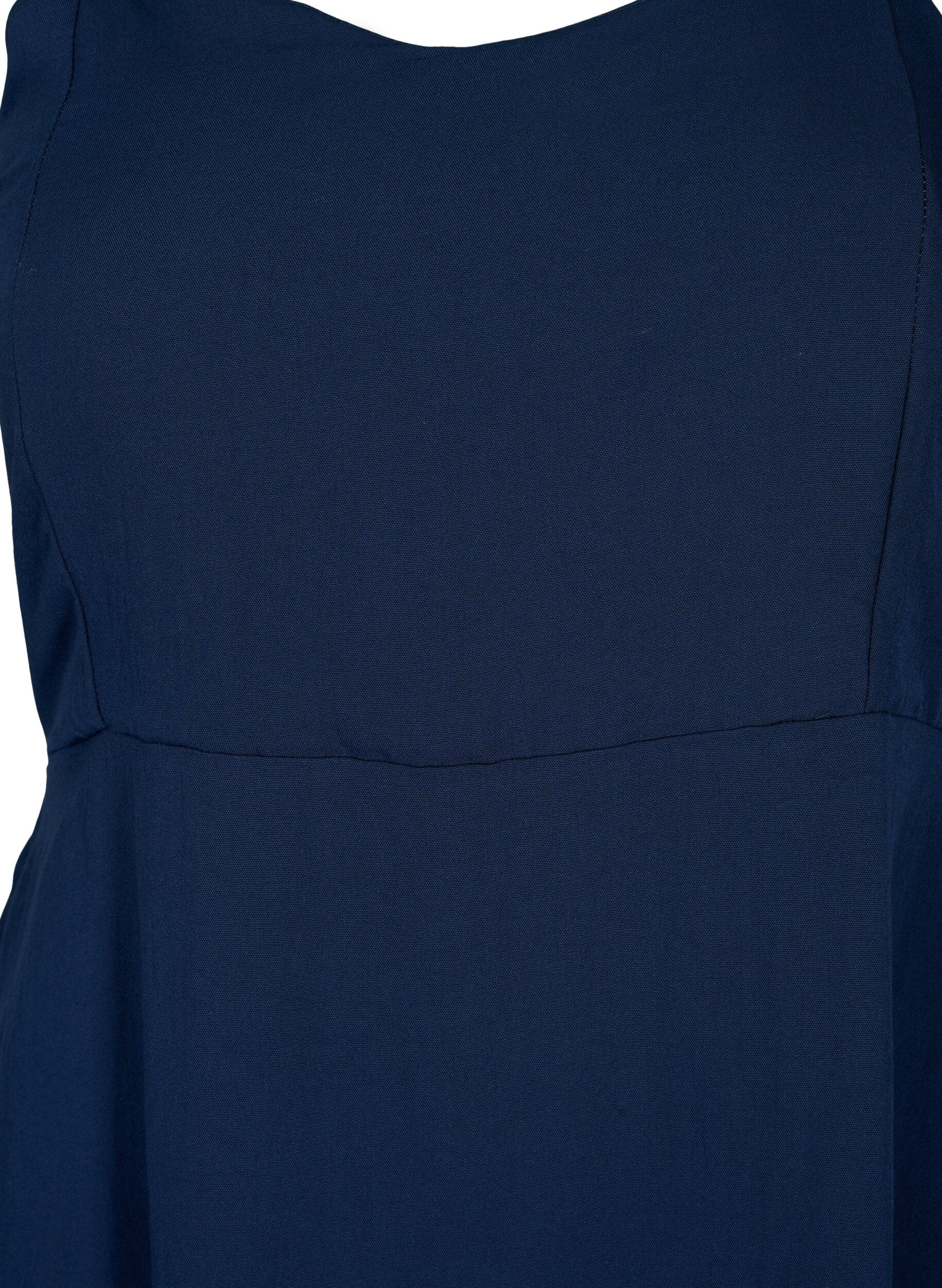 Zizzifashion Plain coloured viscose strap dress with smock, Navy Blazer, Packshot image number 2