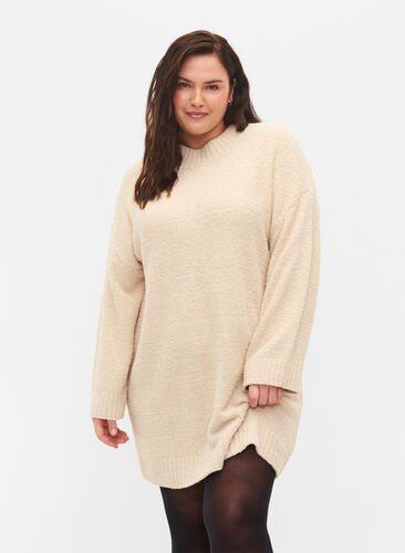 Long knitted jumper in soft teddy, Pumice Stone, Model image number 0