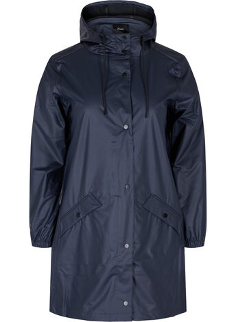 Rain jacket with hood and button fastening