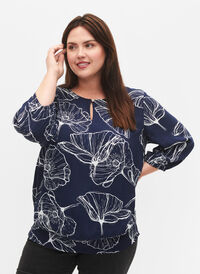 Viscose blouse with flower print and smocking, Navy B./Big Fl. AOP, Model