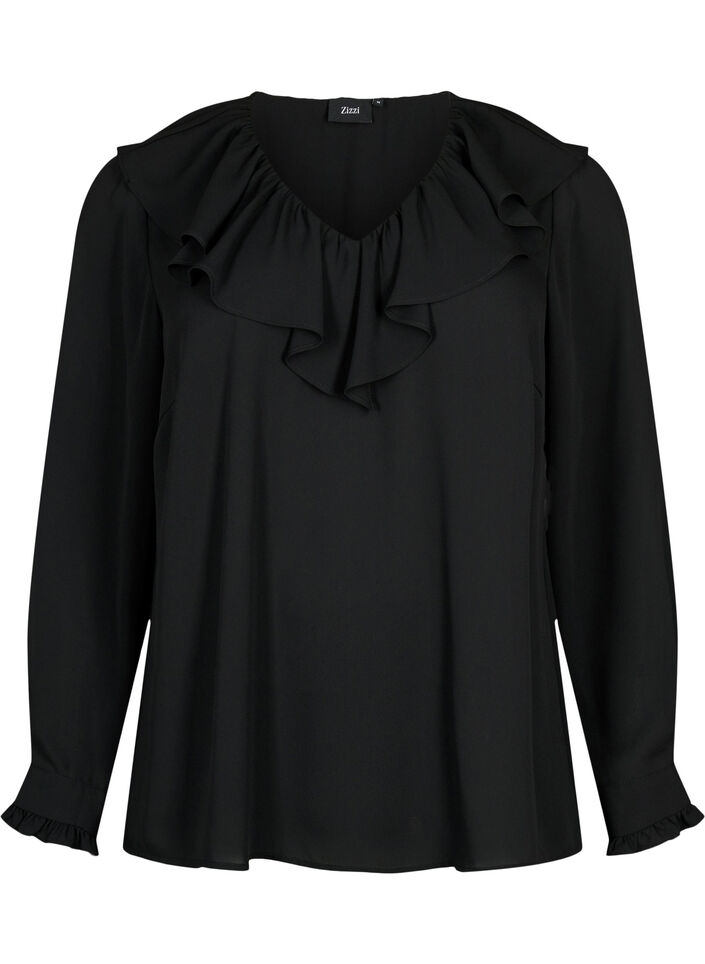 Long sleeve ruffle blouse, Black, Packshot image number 0