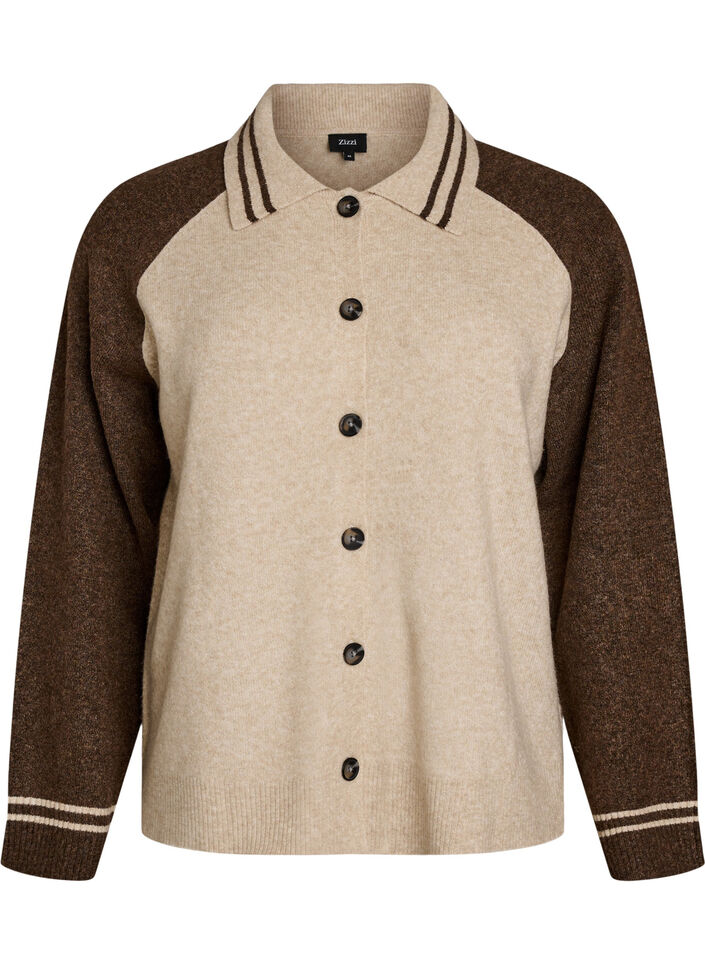 Cardigan with contrast sleeves and collar, Beige, Packshot image number 0