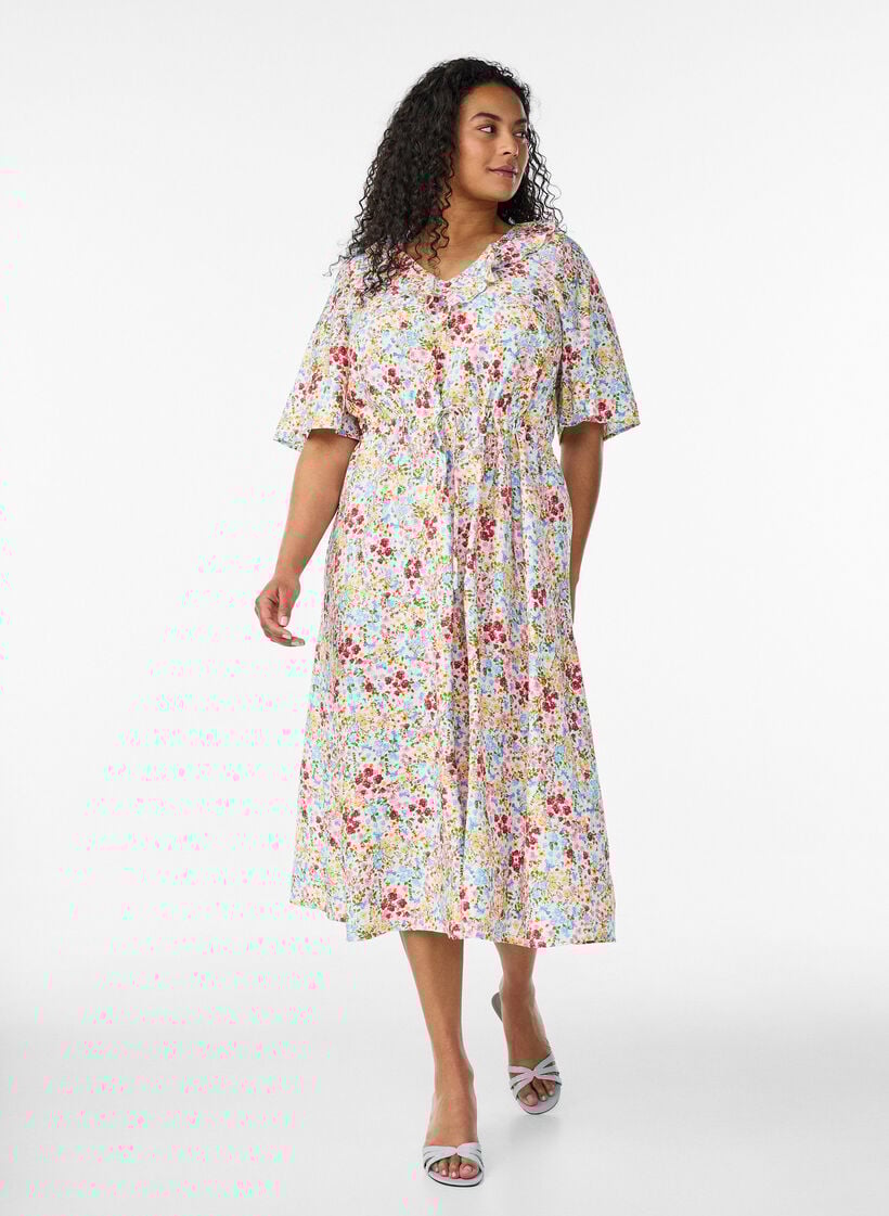 Viscose midi dress with a floral print and ruffle collar, Rose, Model image number 0