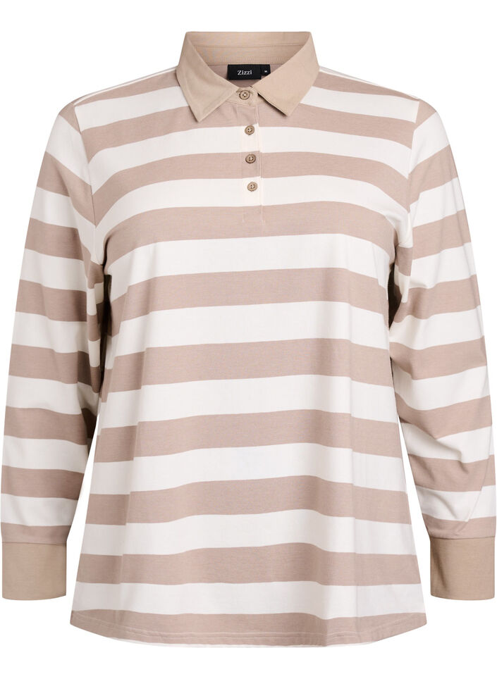 Long-sleeved polo shirt with stripes, Beige, Packshot image number 0