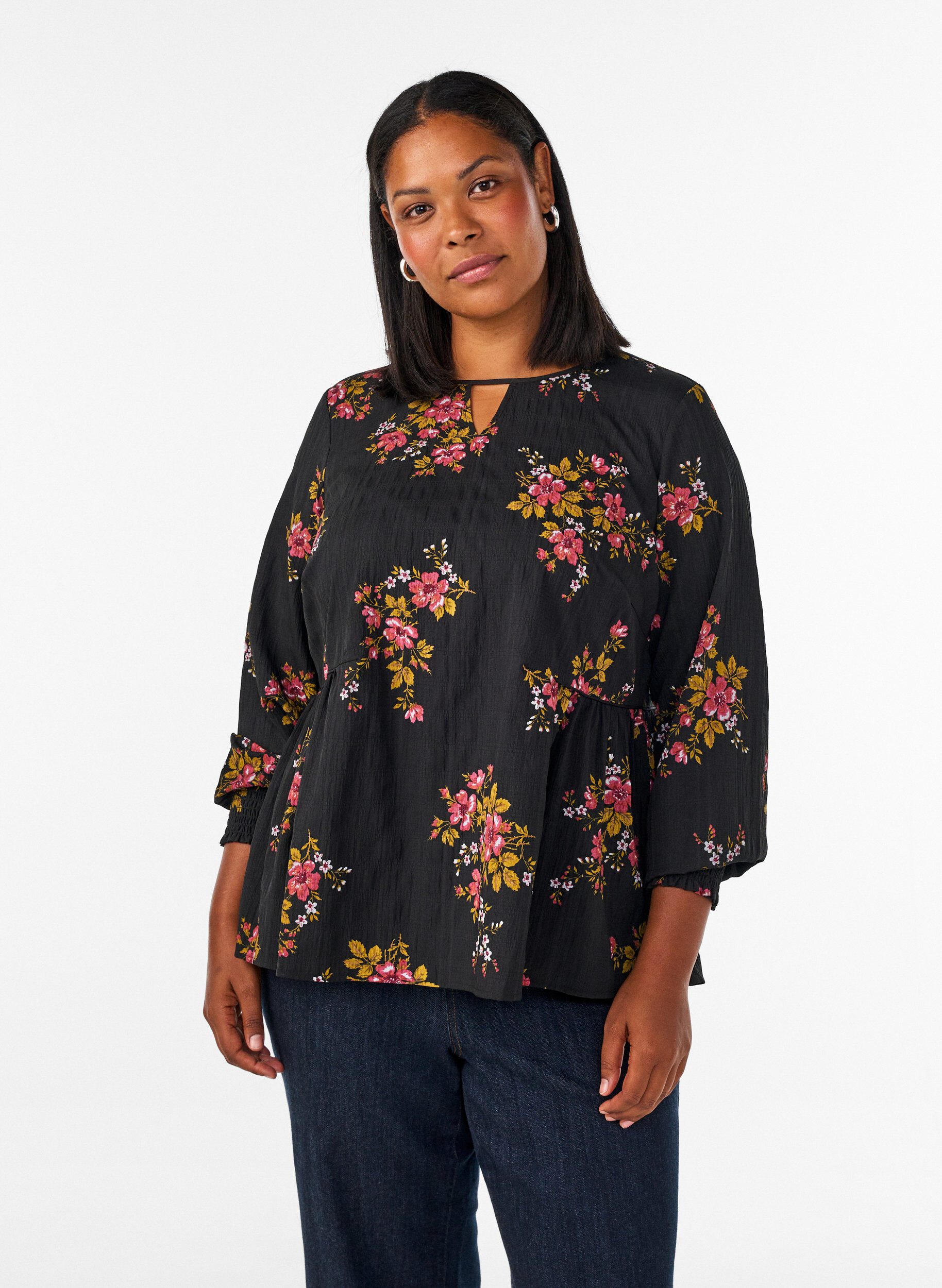 ZizzifashionLong-sleeved blouse with floral print, Black, Model image number 0
