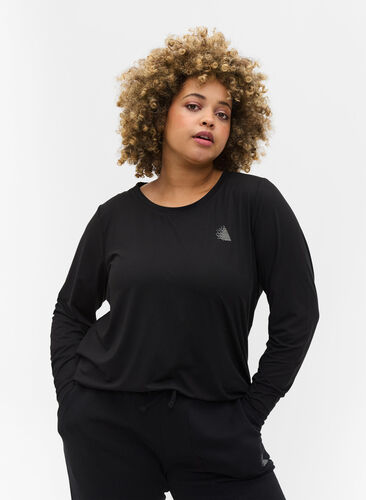 Sports blouse with long sleeves and text print, Black, Model image number 0