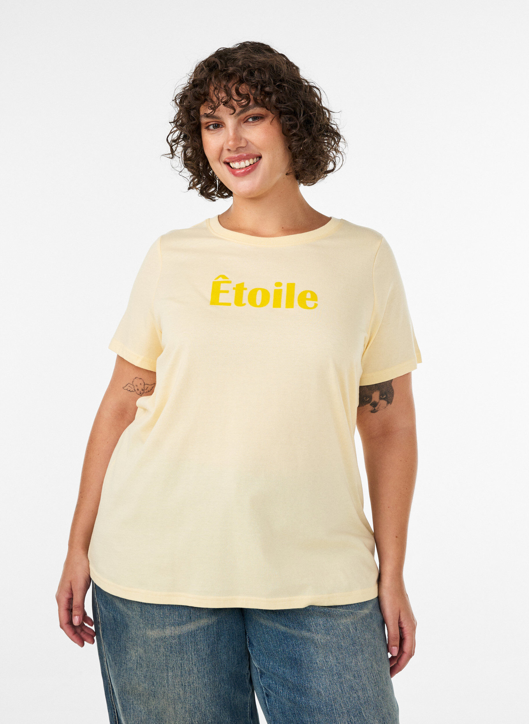 ZizzifashionOrganic cotton T-shirt with velour text, Yellow, Model image number 0
