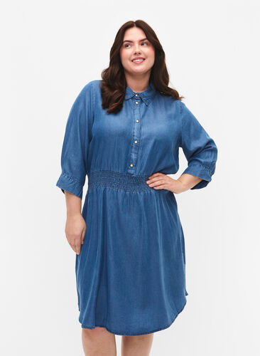 Soft denim dress with 3/4 sleeves and smock, Blue denim, Model image number 0