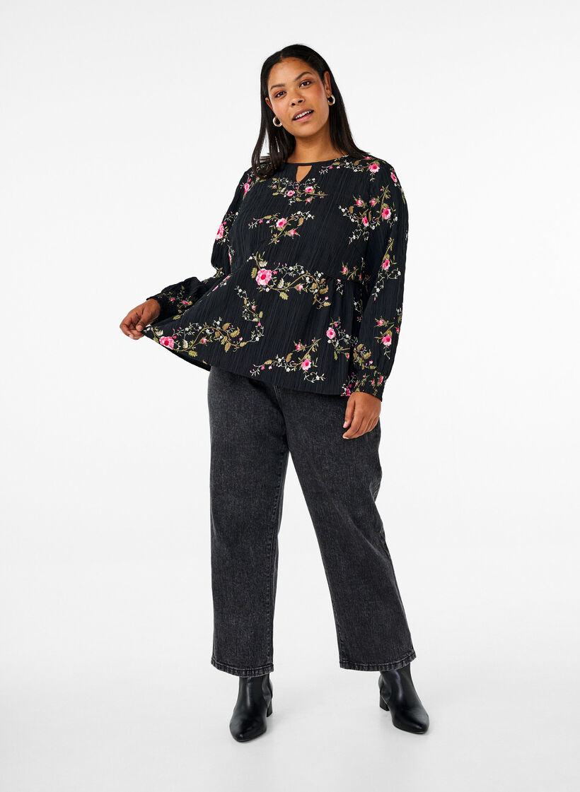 Long-sleeved blouse with floral print, Black, Model image number 1
