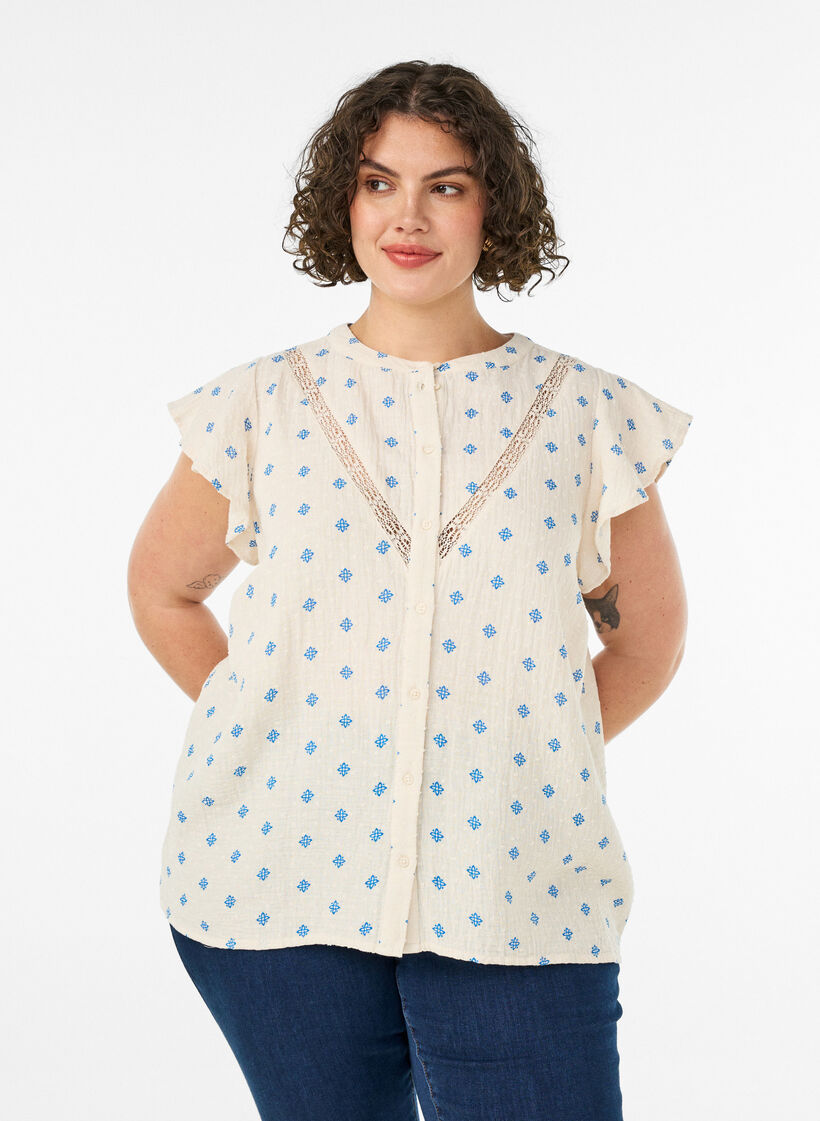 Sleeveless blouse with crochet trim and ruffle detail, Beige, Model image number 0