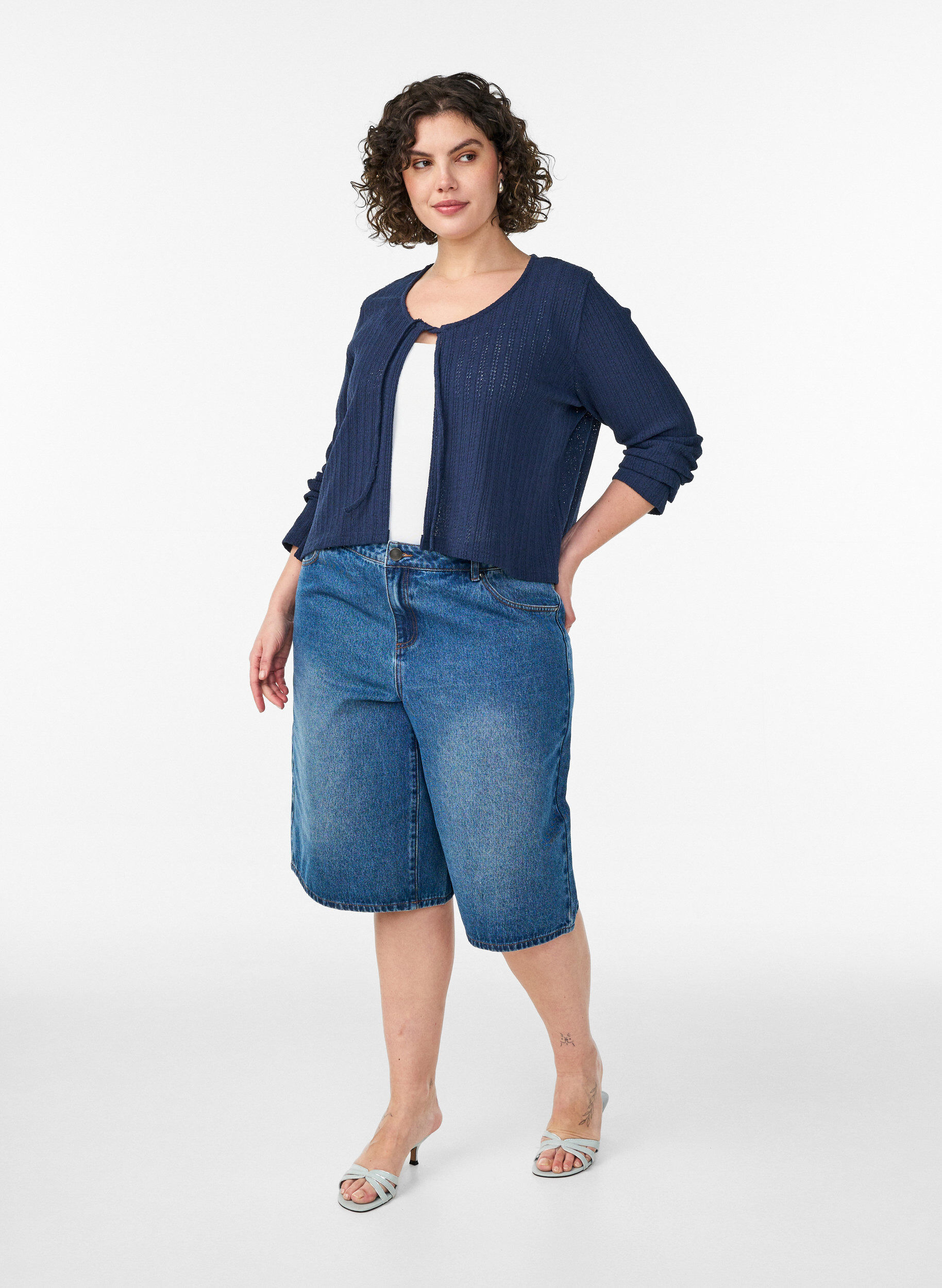 Zizzifashion Jersey cardigan with texture and tie front, Blue, Model image number 1