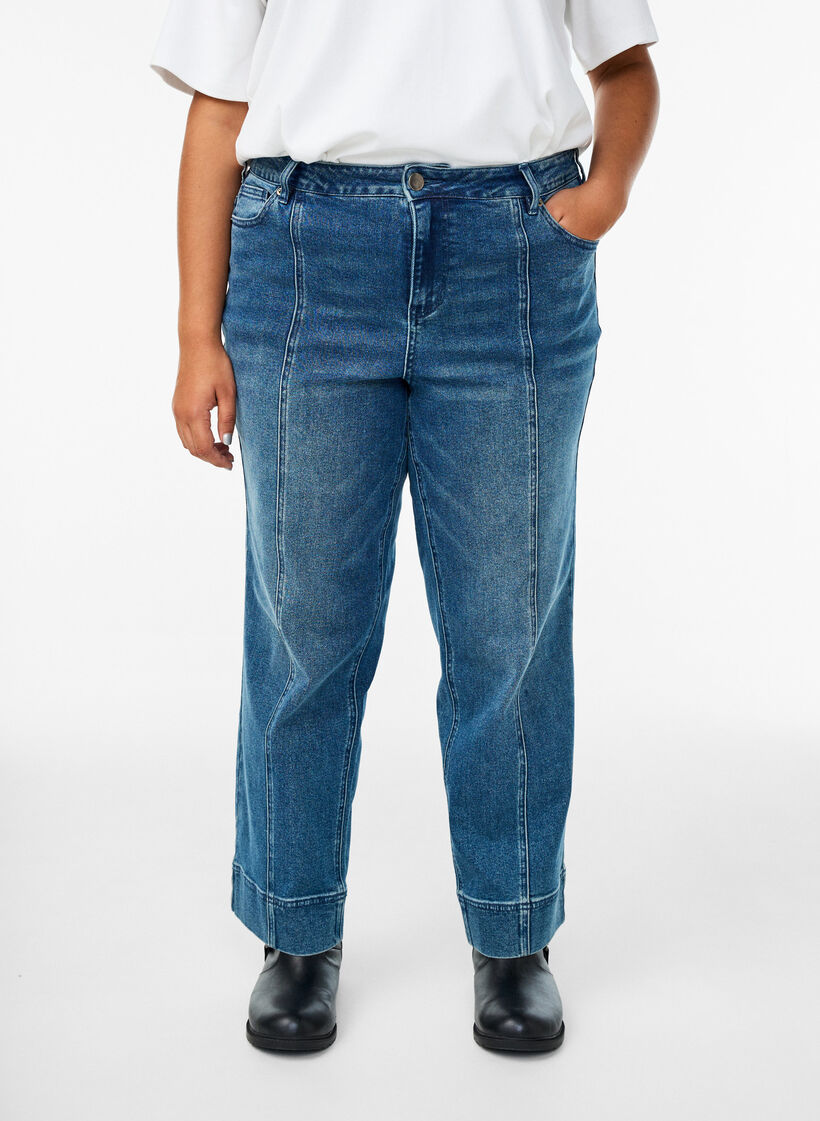 Pinstriped Kiana jeans with bold stitching, Blue, Model image number 2