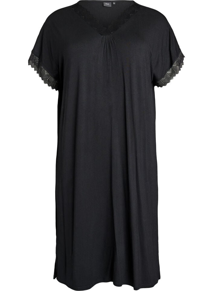 Viscose nightgown with short sleeves and lace trim, Black, Packshot image number 0