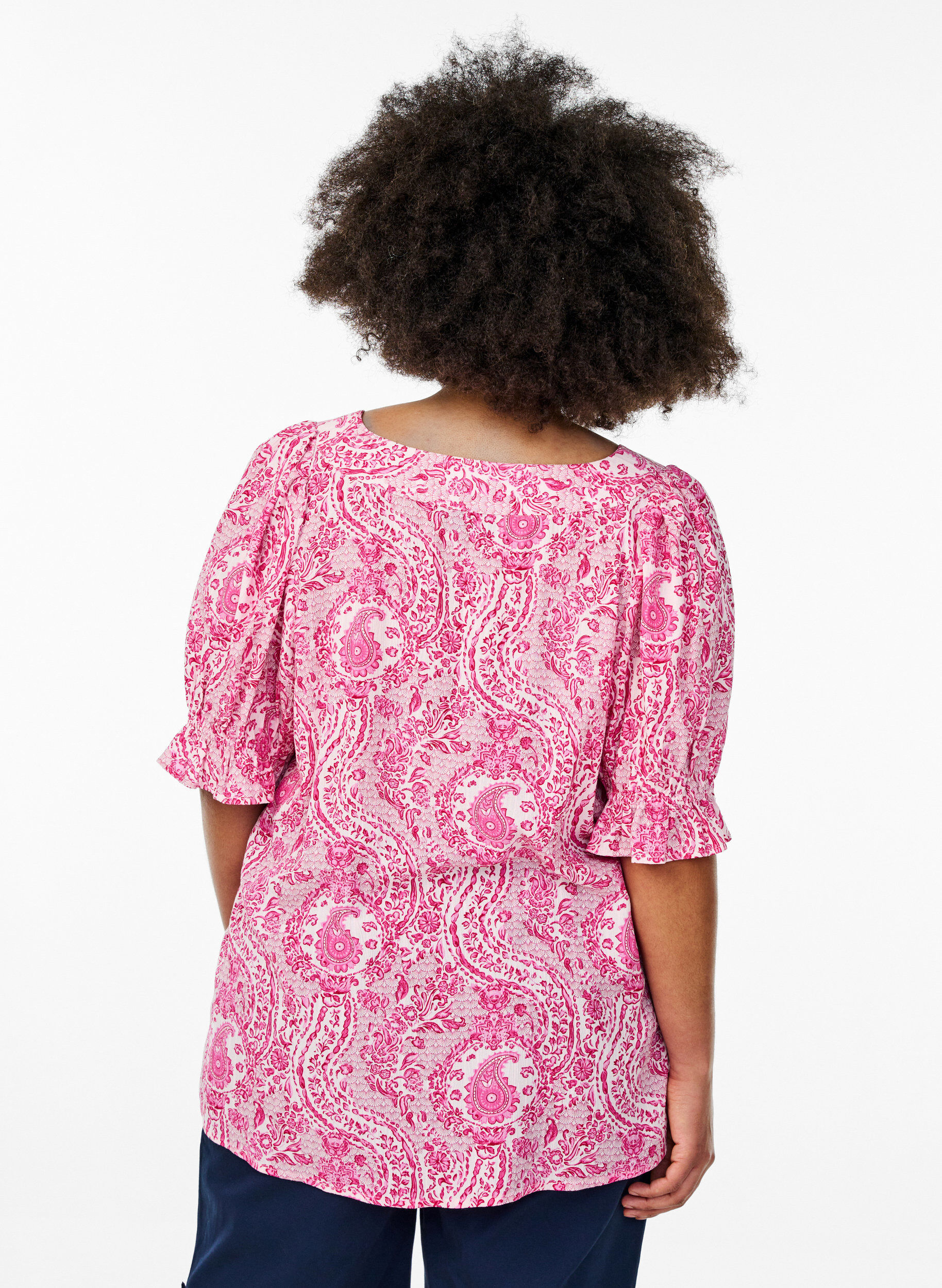 Zizzifashion Viscose blouse with paisley print and a square neckline, Pink, Model image number 2