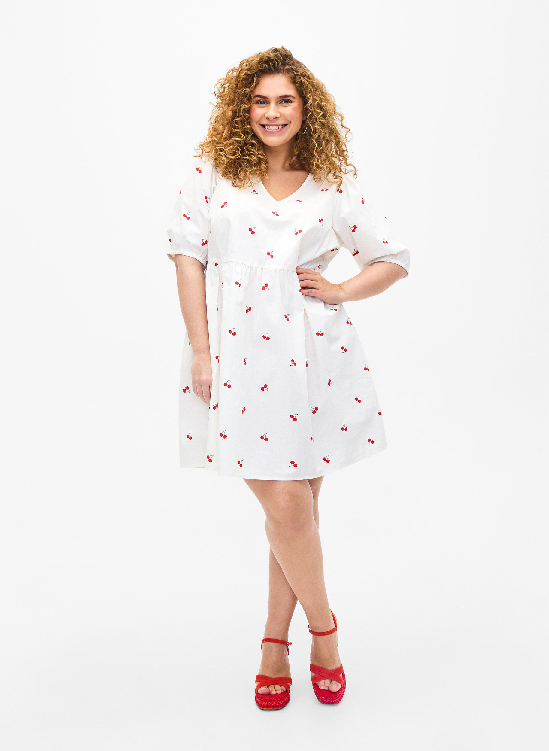 Zizzifashion Dress with cherry print and a-shape, B. White/Cherry, Model image number 2