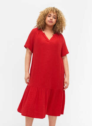 Waist dress with short sleeves in cotton, Barbados Cherry, Model image number 0