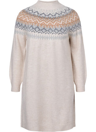 Patterned knitted dress with long sleeves, Birch Mel. Comb, Packshot image number 0