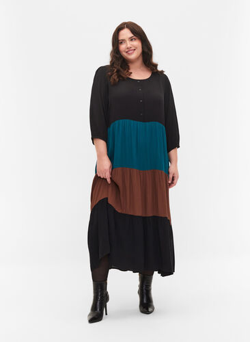 Viscose dress with colorblock pattern, Brown Green Block, Model image number 0