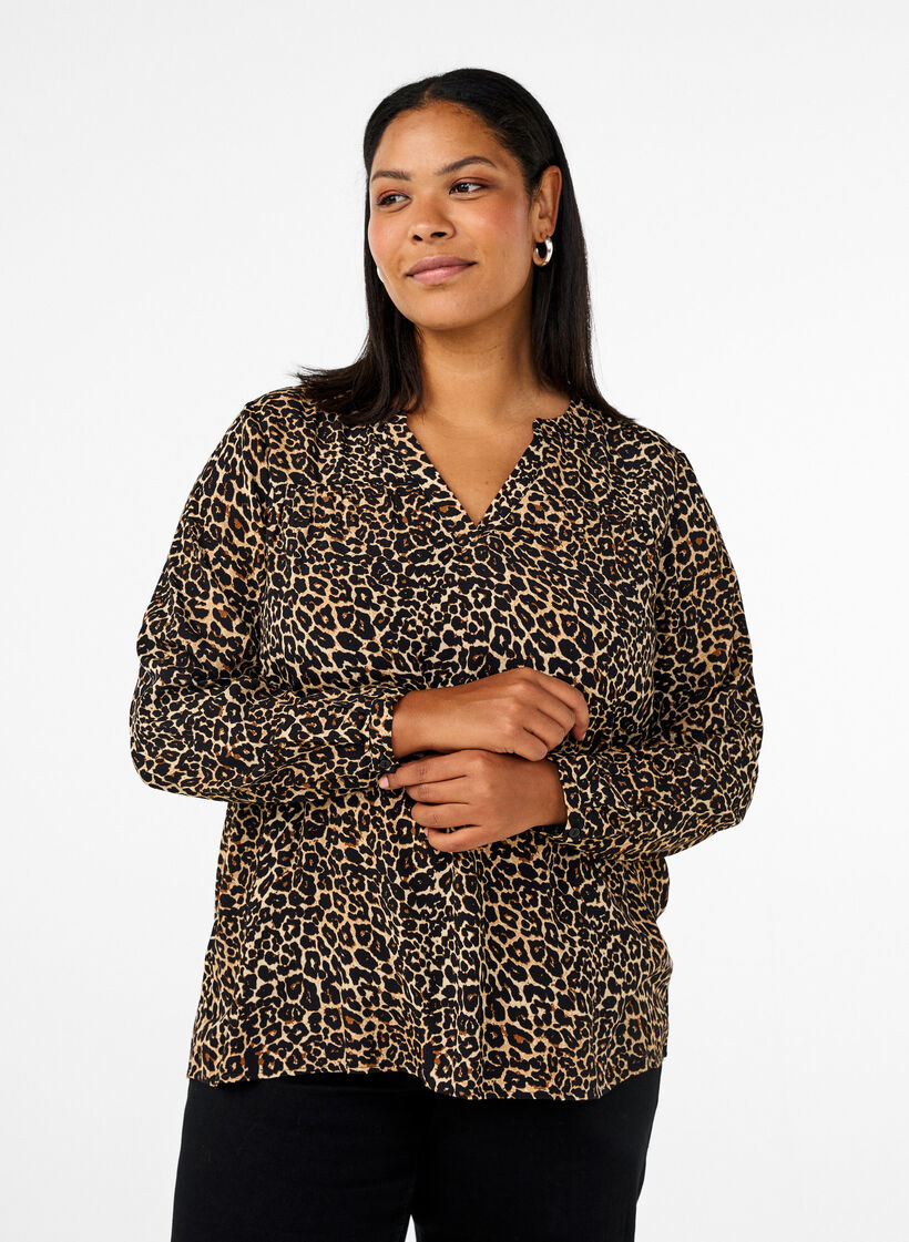 Long-sleeved blouse with leopard print and V-neck, Brown, Model image number 0