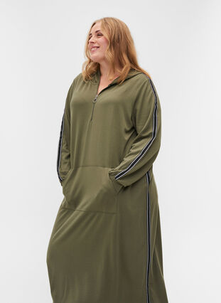 Hooded sweat dress with zip, Dusty Olive, Model image number 2