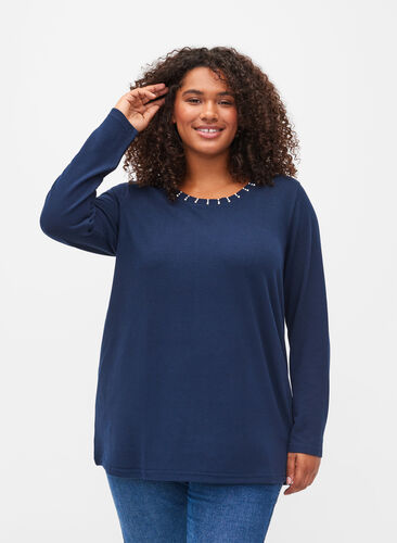 Top with round neckline and beads, Navy Blazer, Model image number 0