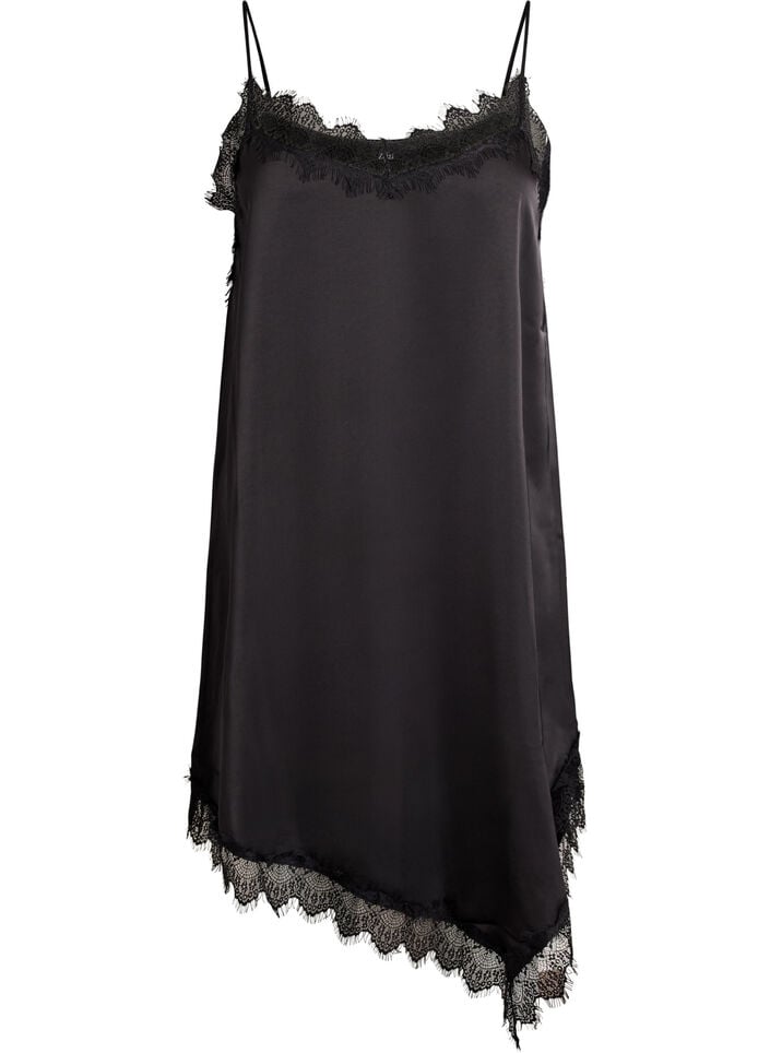 Satin-look dress with lace trim, Black, Packshot