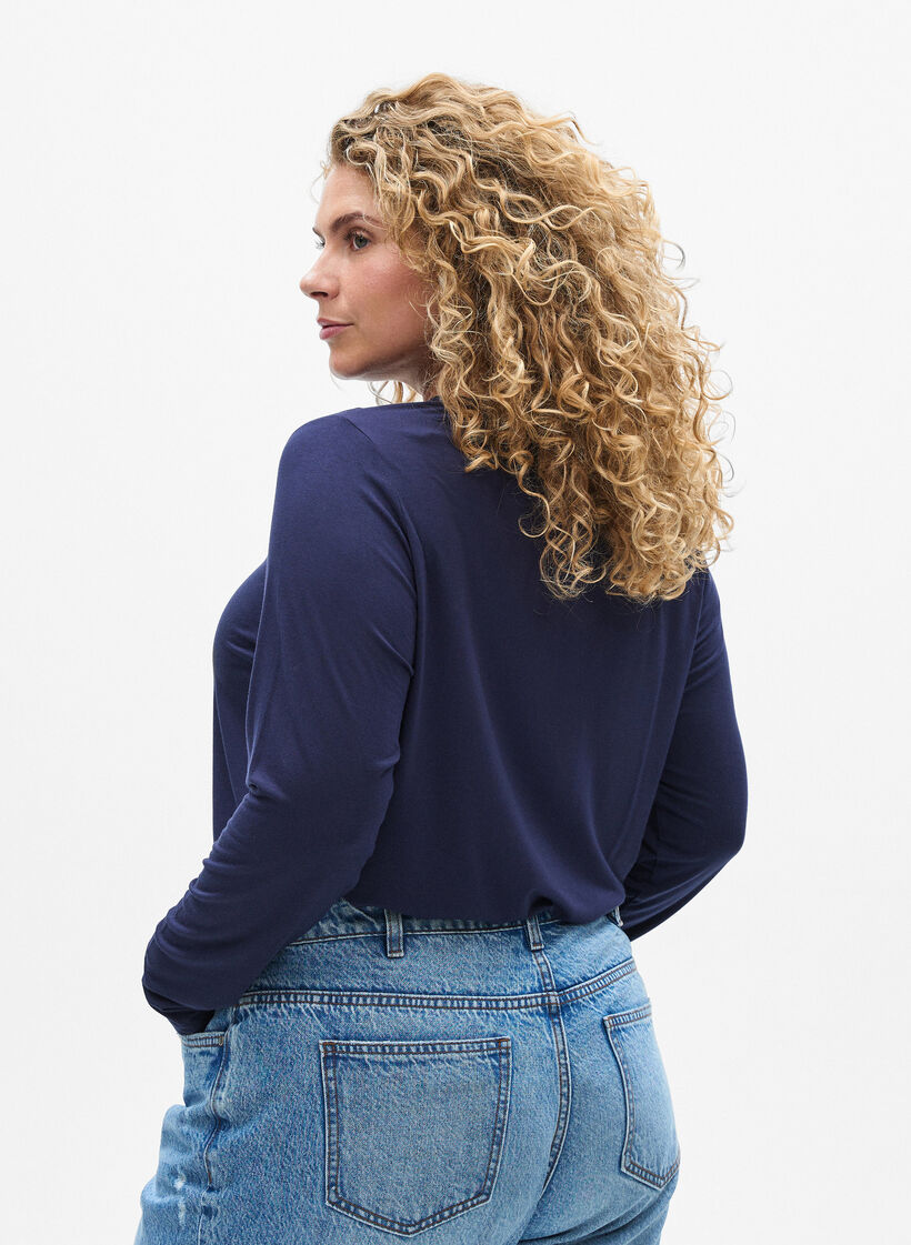 Solid coloured blouse with long sleeves, Blue, Model image number 2
