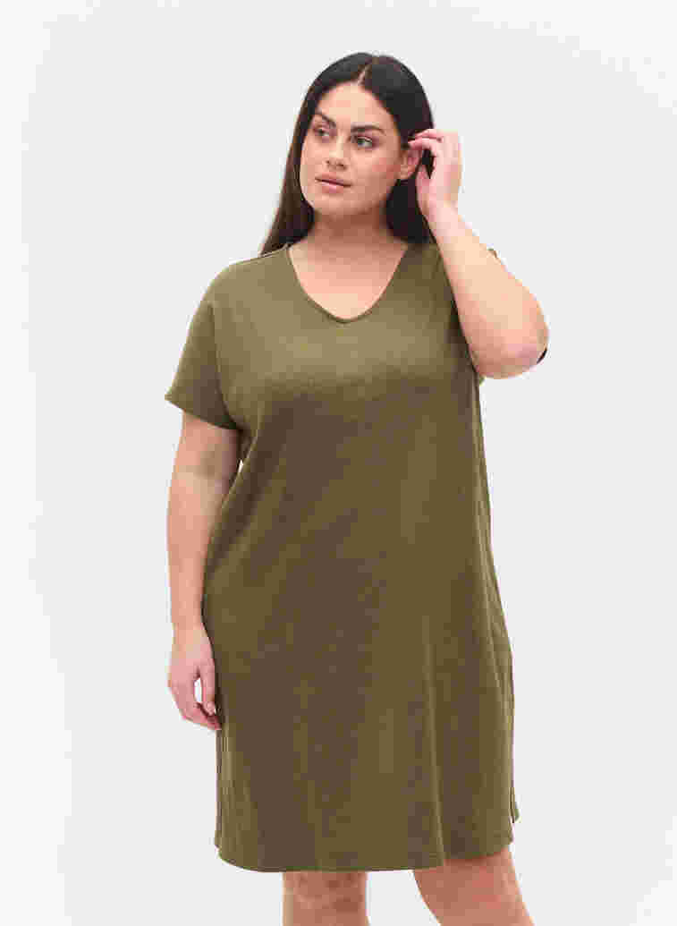 Short-sleeved cotton dress in rib knit, Ivy Green, Model image number 0