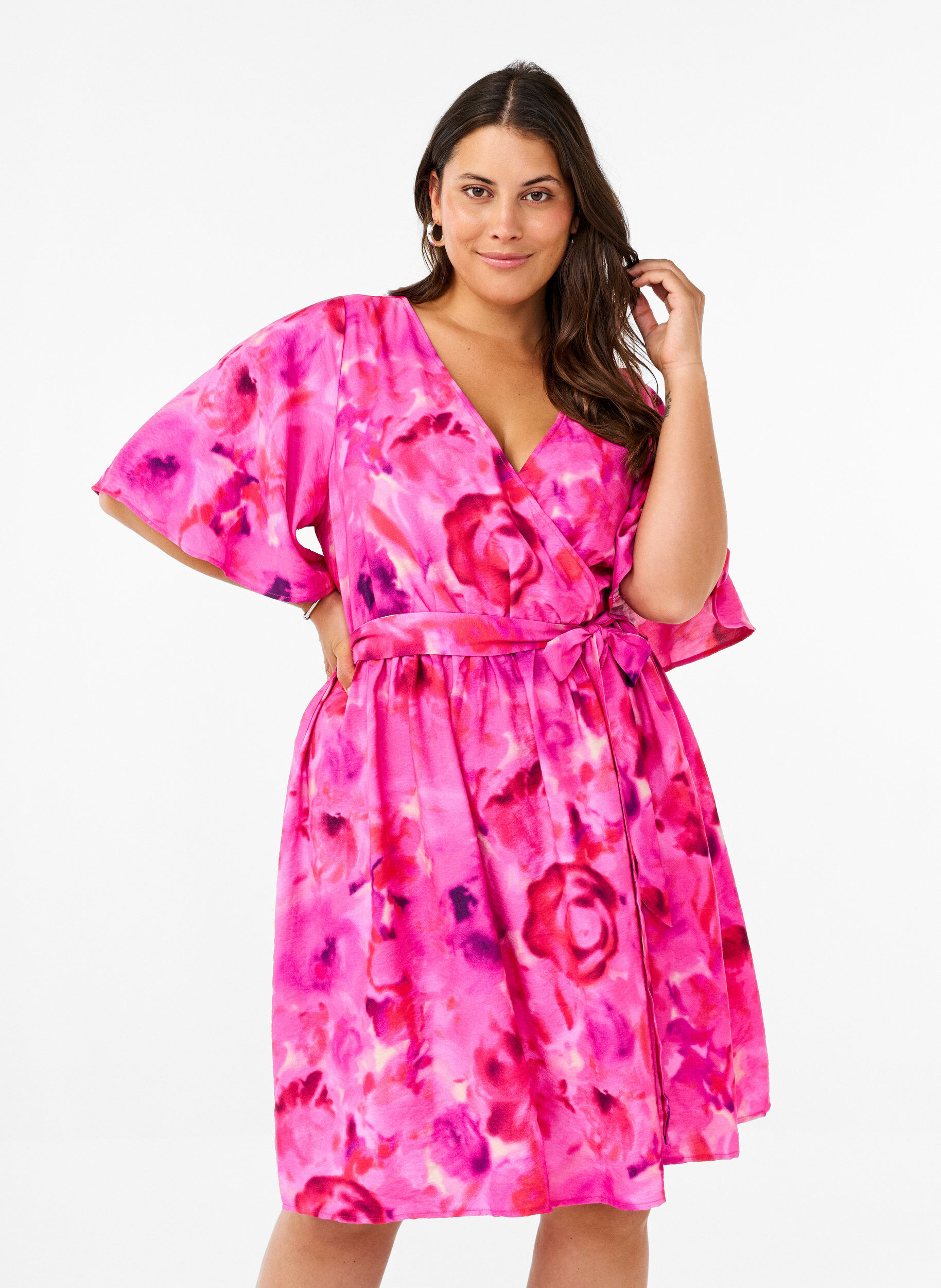 Zizzifashion Knee-length dress with floral print and wrap look, Pink Rose AOP, Model image number 0