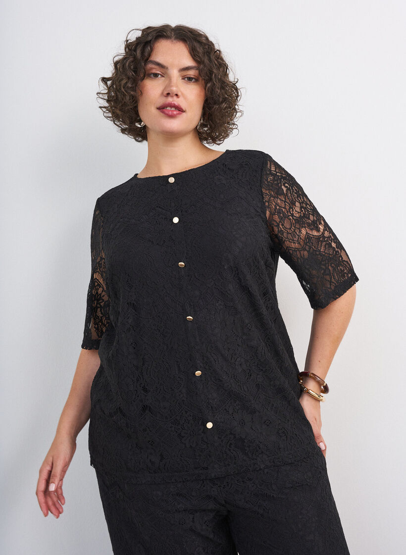 Lace blouse with decorative buttons, Black, Model image number 0