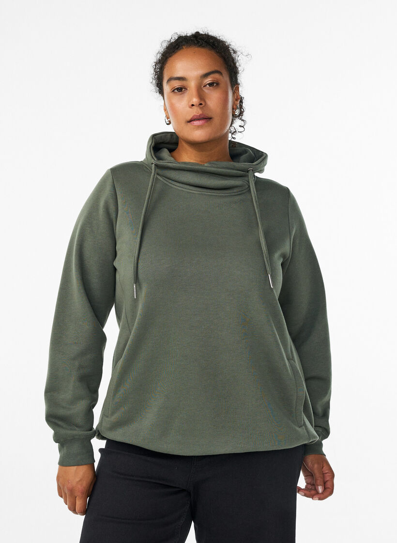 Sweatshirt with high collar and pockets, Green, Model image number 0