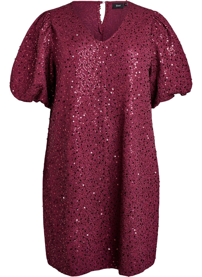 Short sequin dress with puff sleeves, Dark Bordeaux, Packshot image number 0