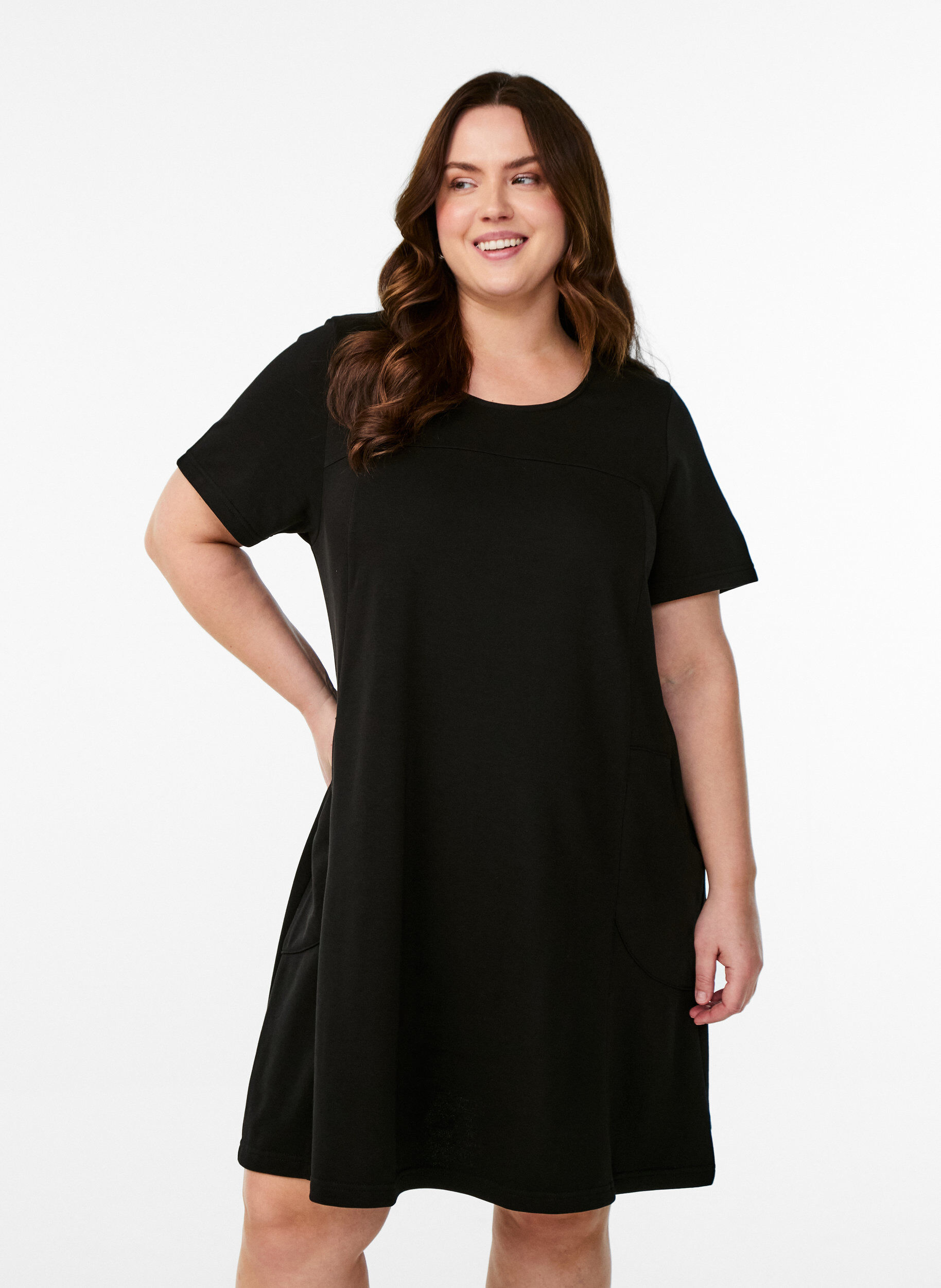 Zizzifashion Jersey dress with short sleeves and pockets, Black, Model image number 0