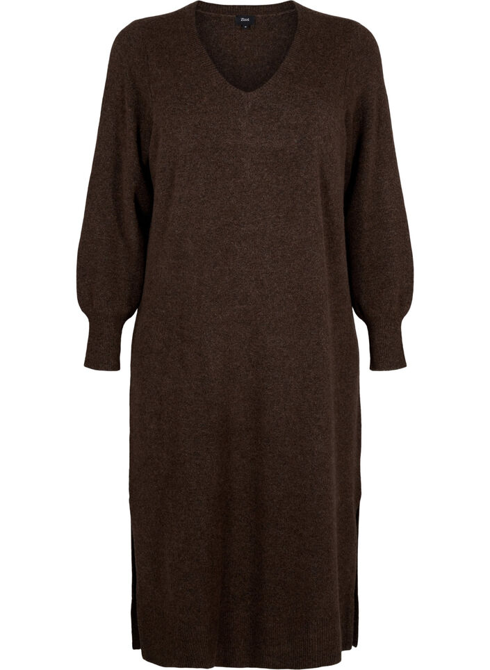 Long-sleeved knitted dress with V-neck, Brown, Packshot image number 0
