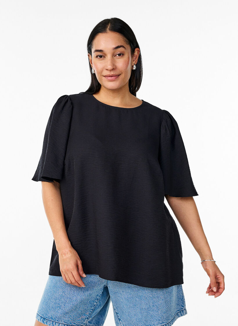 Blouse with short, wide sleeves, Black, Model image number 0