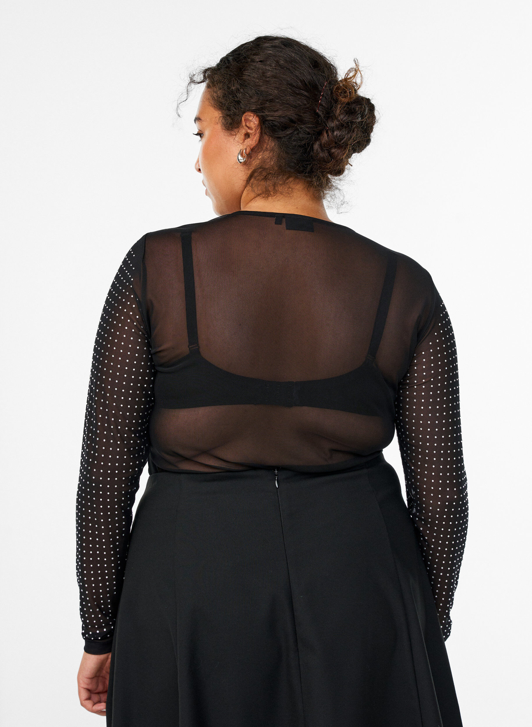 Zizzifashion Mesh blouse with rhinestones and long sleeves, Black, Model image number 2