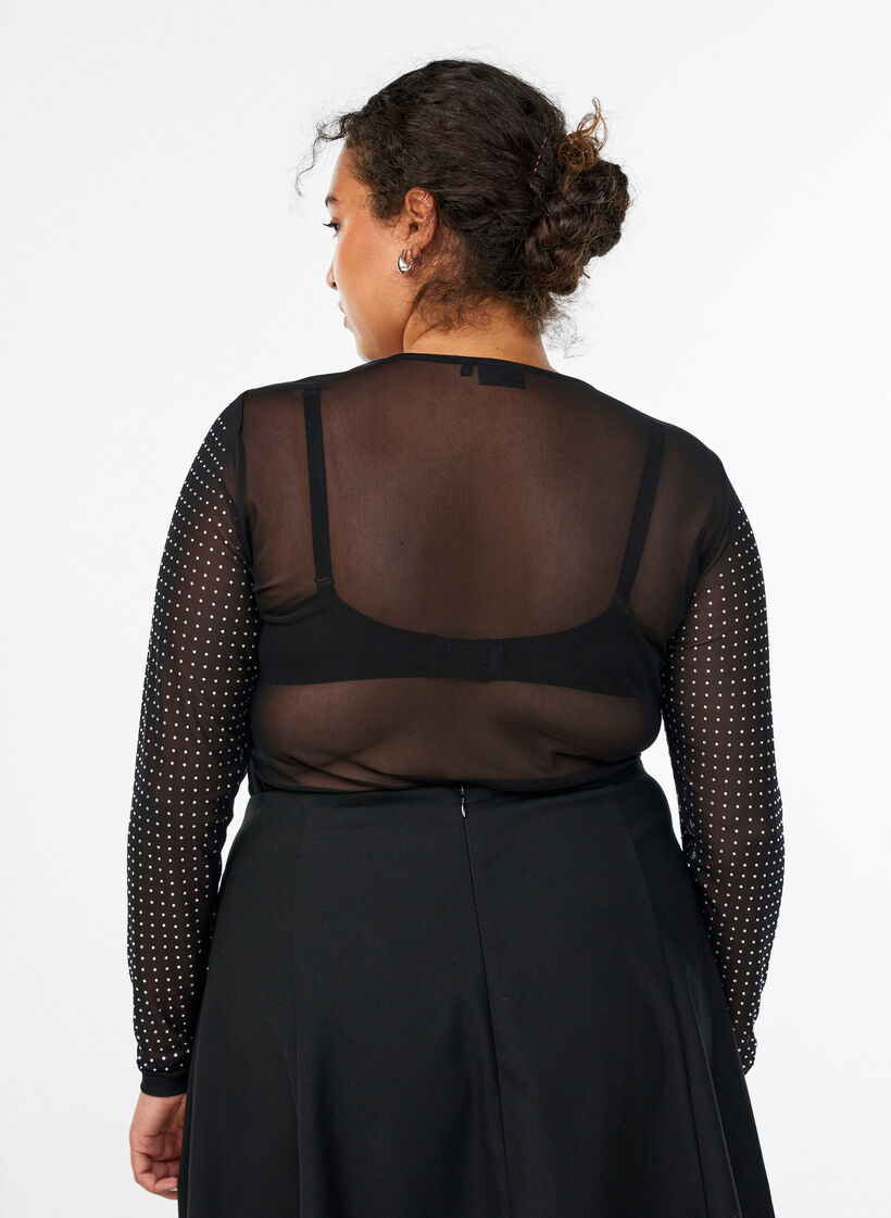 Mesh blouse with rhinestones and long sleeves, Black, Model image number 2