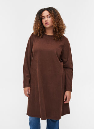 Plain 3/4 sleeve dress with rounded neckline, Rocky Road, Model image number 0