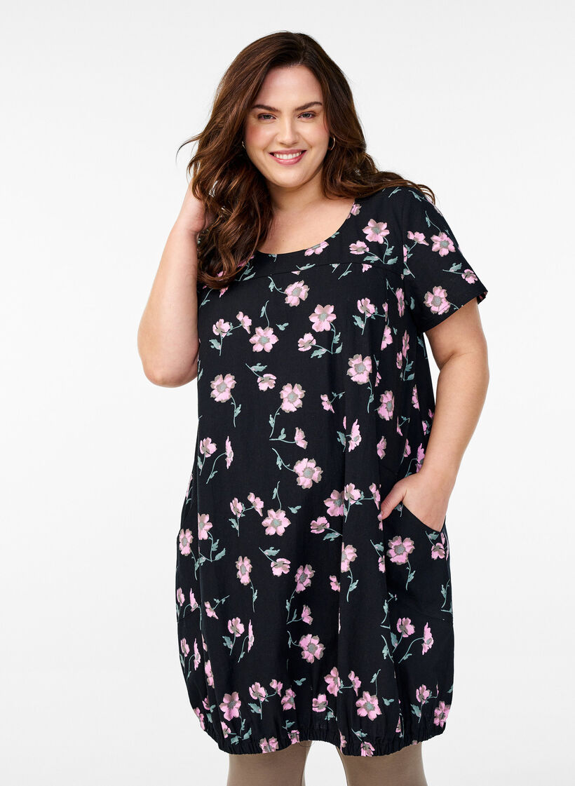 Short-sleeved cotton dress with print, Black, Model image number 0