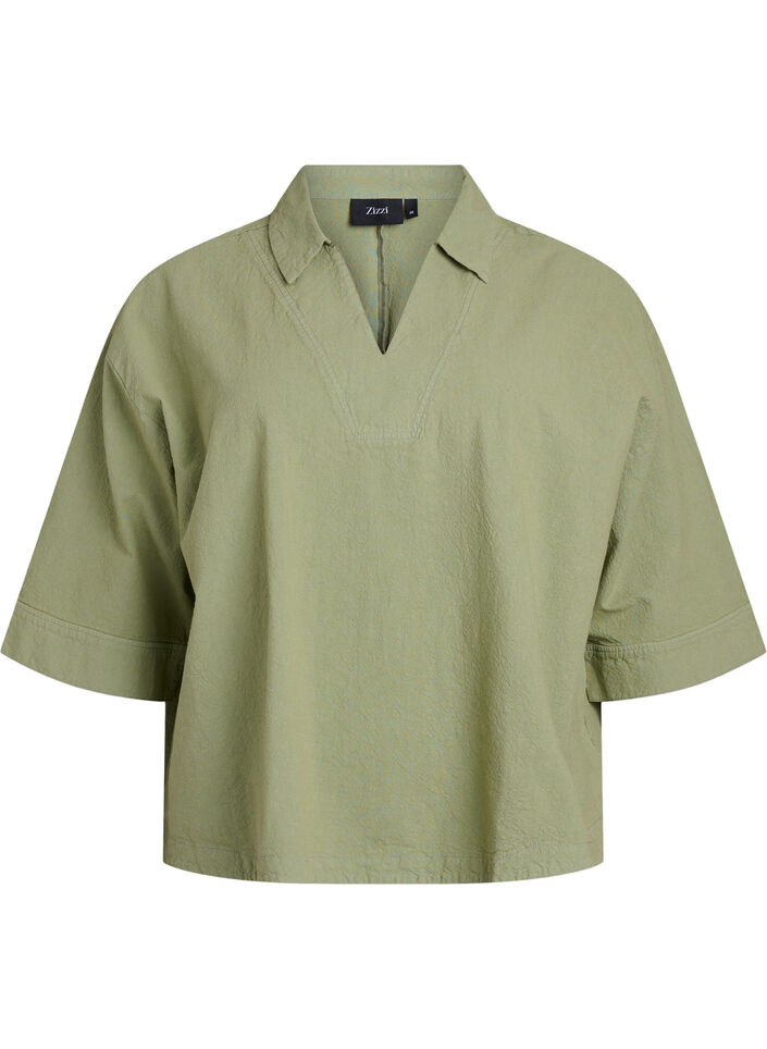 Loose blouse with collar and 1/2 sleeves, Green, Packshot image number 0