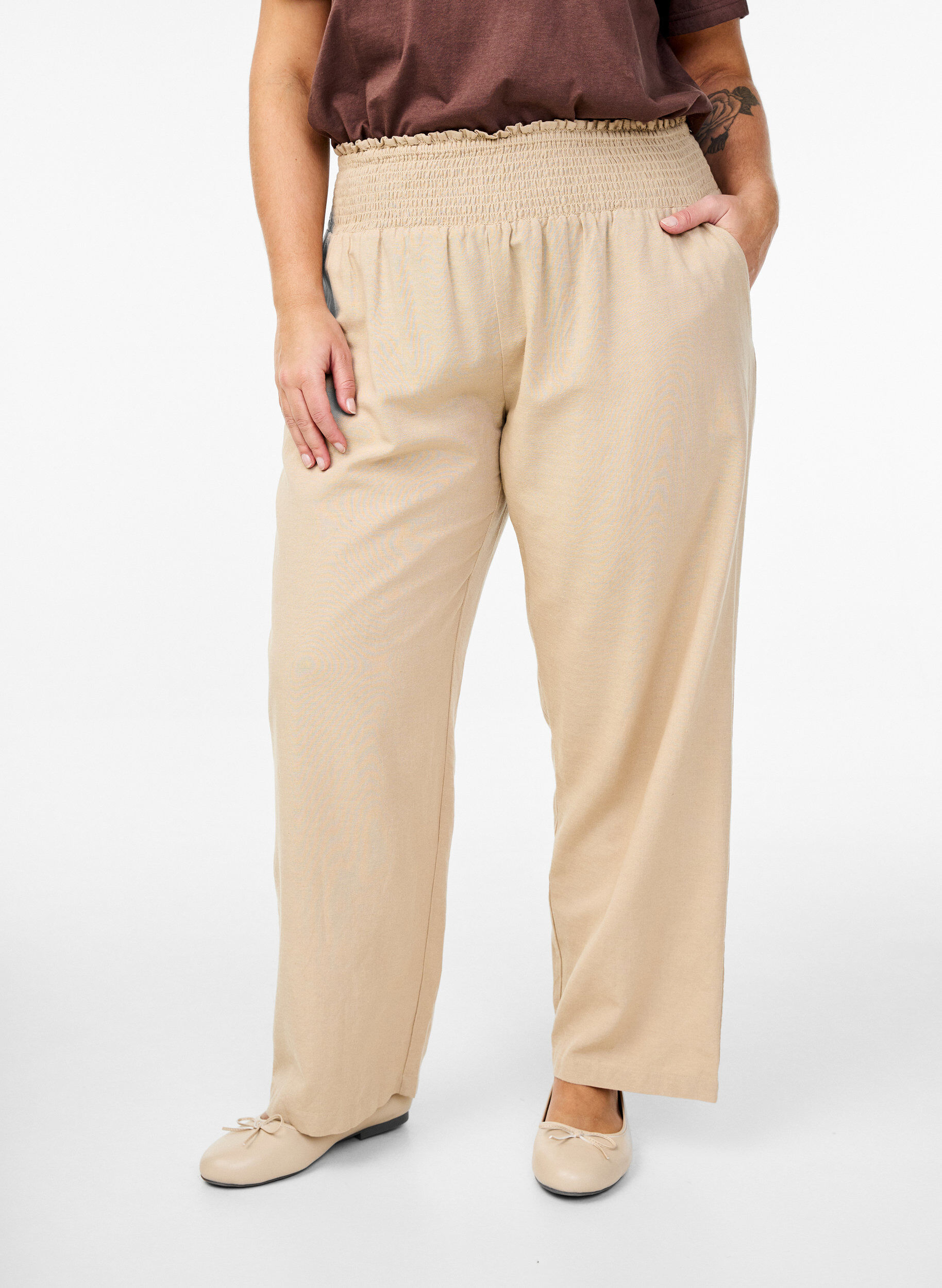 Smock pants with linen - Beige - Sz. 40-64 - Zizzifashion