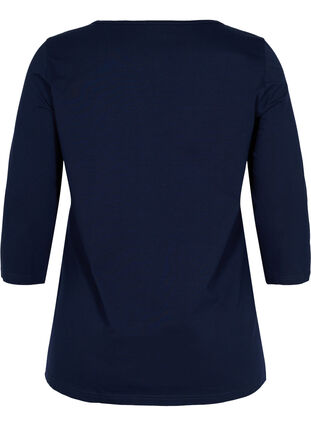 Plain-coloured cotton blouse with 3/4-length sleeves and slits, Night Sky, Packshot image number 1