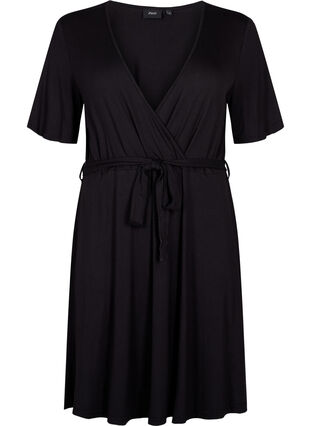 Wrap dress in viscose with short sleeves, Black, Packshot image number 0