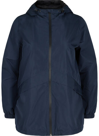 Rain jacket with adjustable bottom hem and hood
