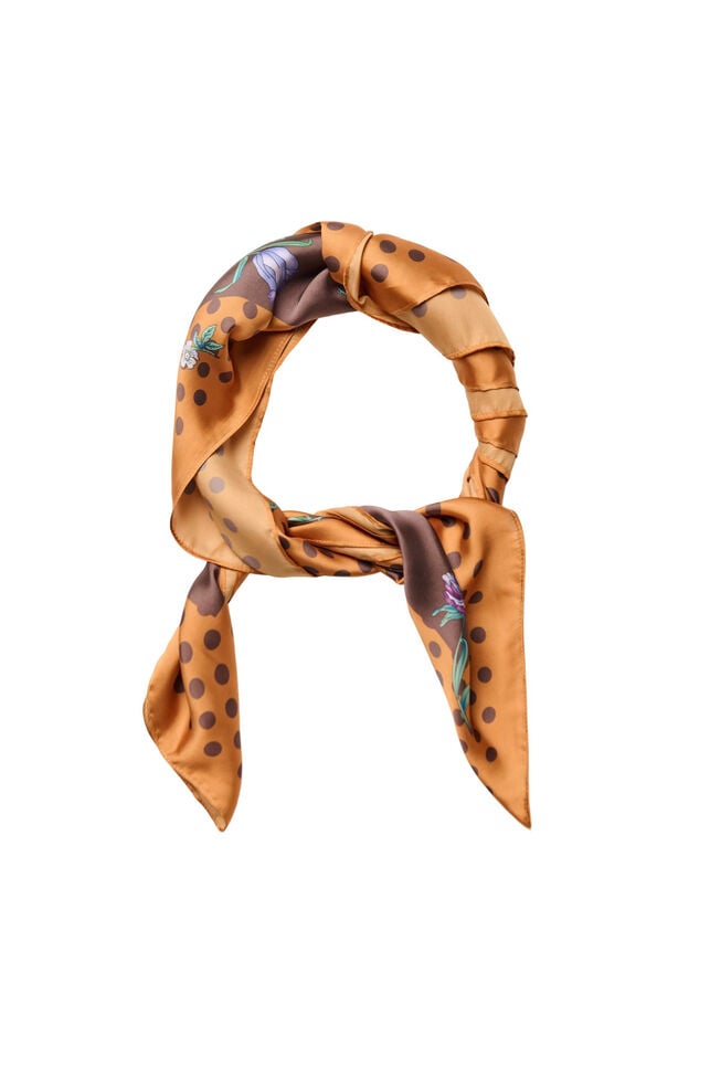 Square scarf in a satin-look with a patterned design, Brown, Packshot